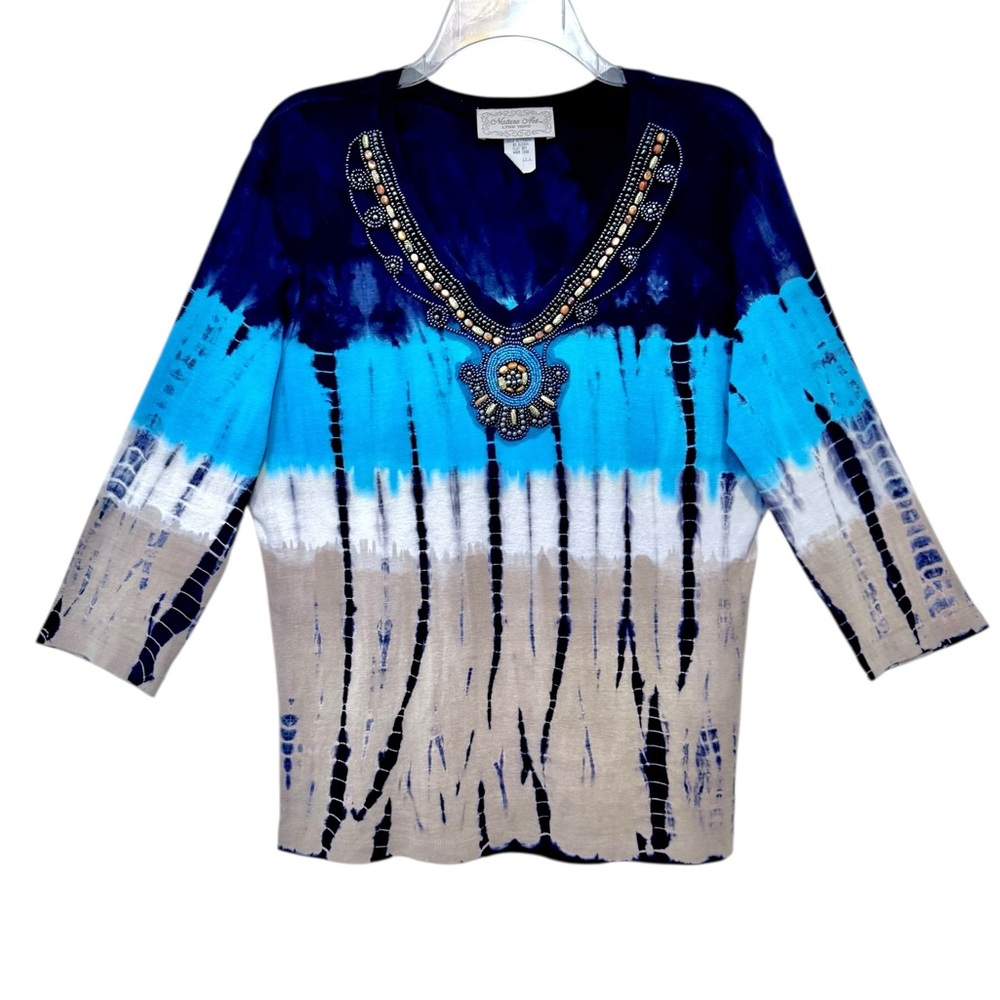 Nature Art By Lynn Yang Womens L Navy Turquoise Tan Beaded V-Neck Tie Dye Top